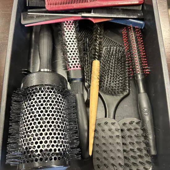 Assorted Brushes & Combs In Black Tray